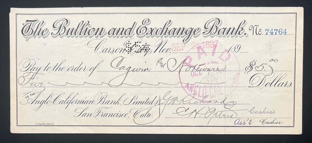 Set of 4 Carson City Nevada Cashiers Checks Dated 1897
