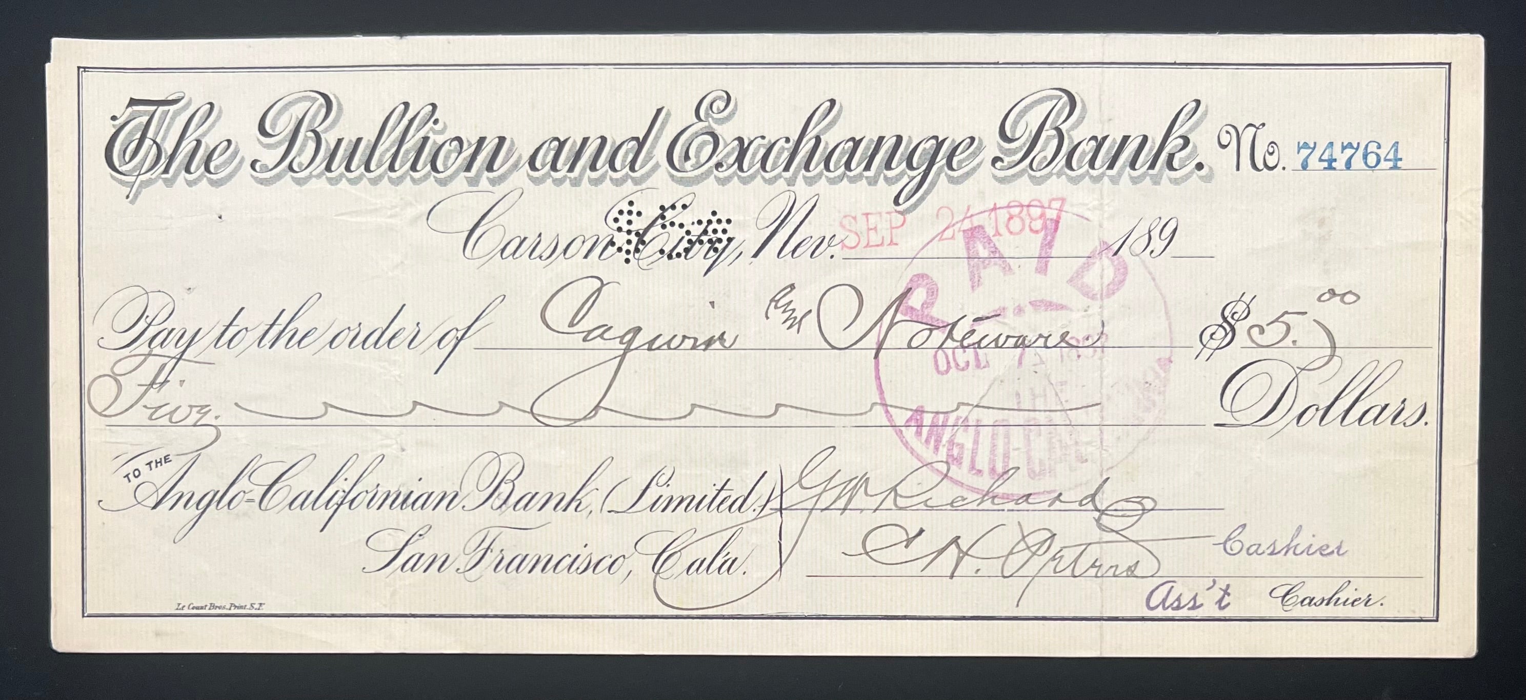 Set of 4 Carson City Nevada Cashiers Checks Dated 1897