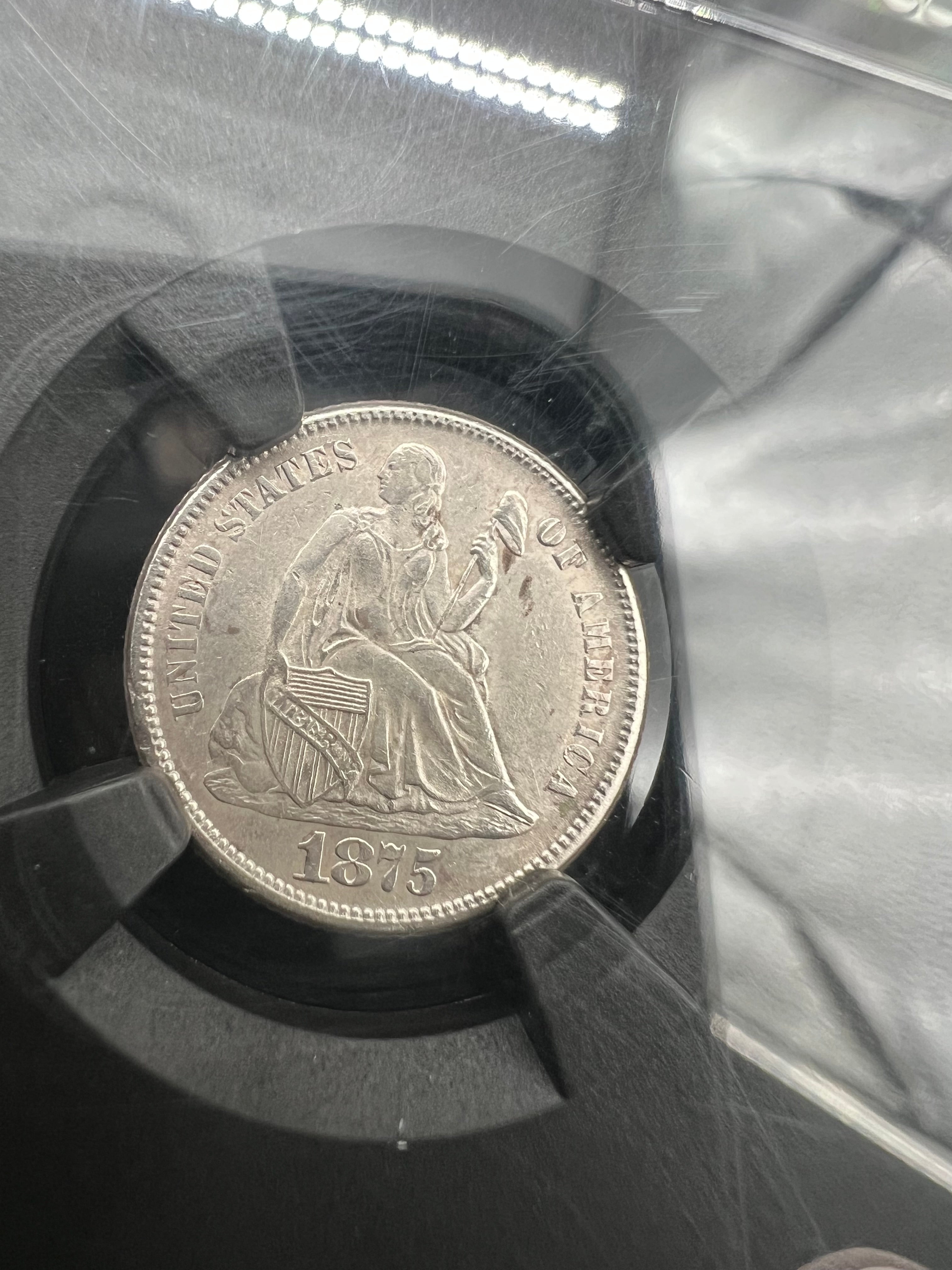 1875-CC MS61 Seated Liberty Dime Mintmark Above Bow NGC Black Core