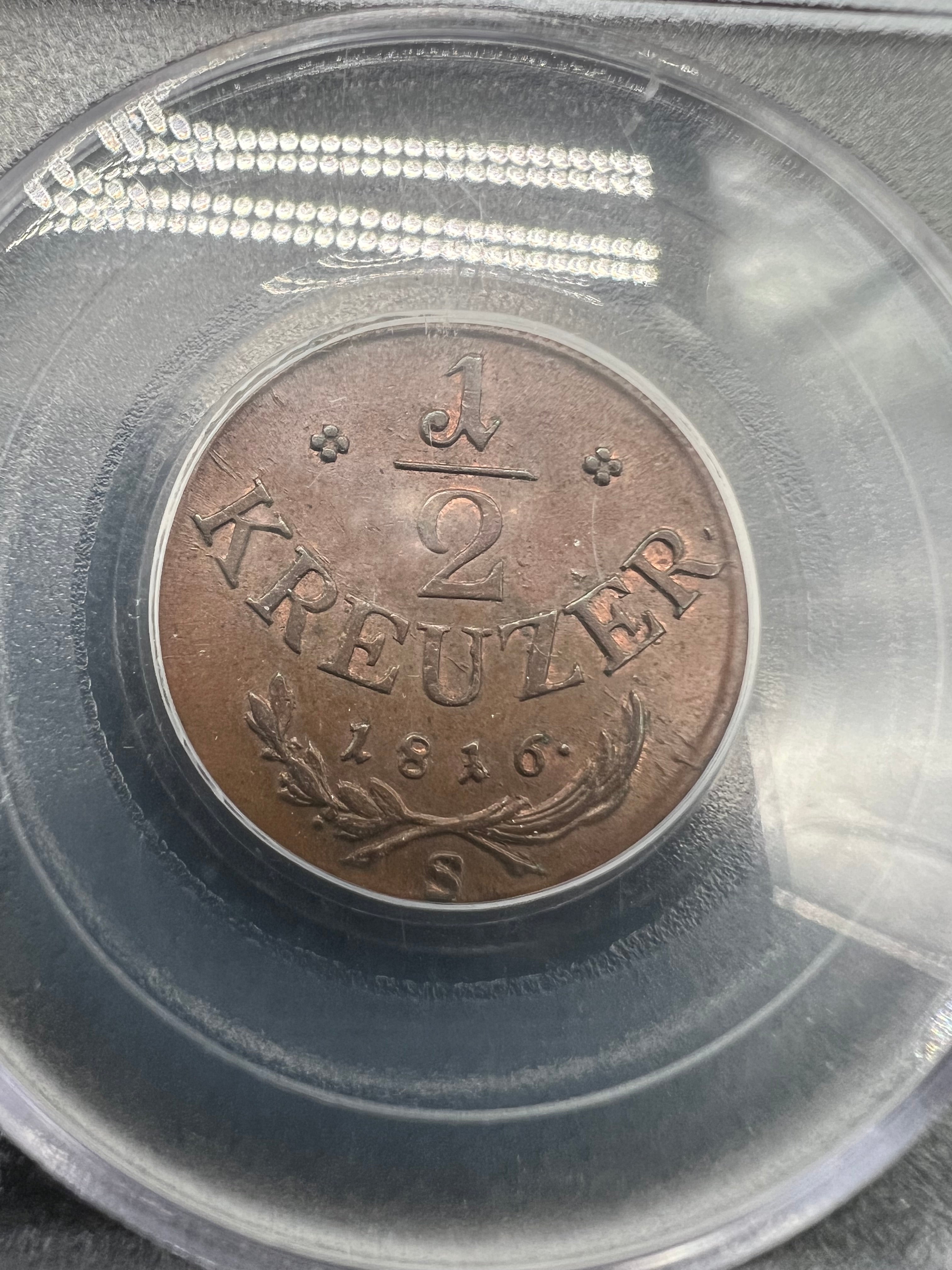 1816-S MS62 Austria 1/2 Kreuzer PCGS