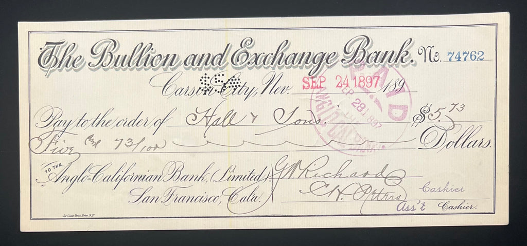 Set of 4 Carson City Nevada Cashiers Checks Dated 1897