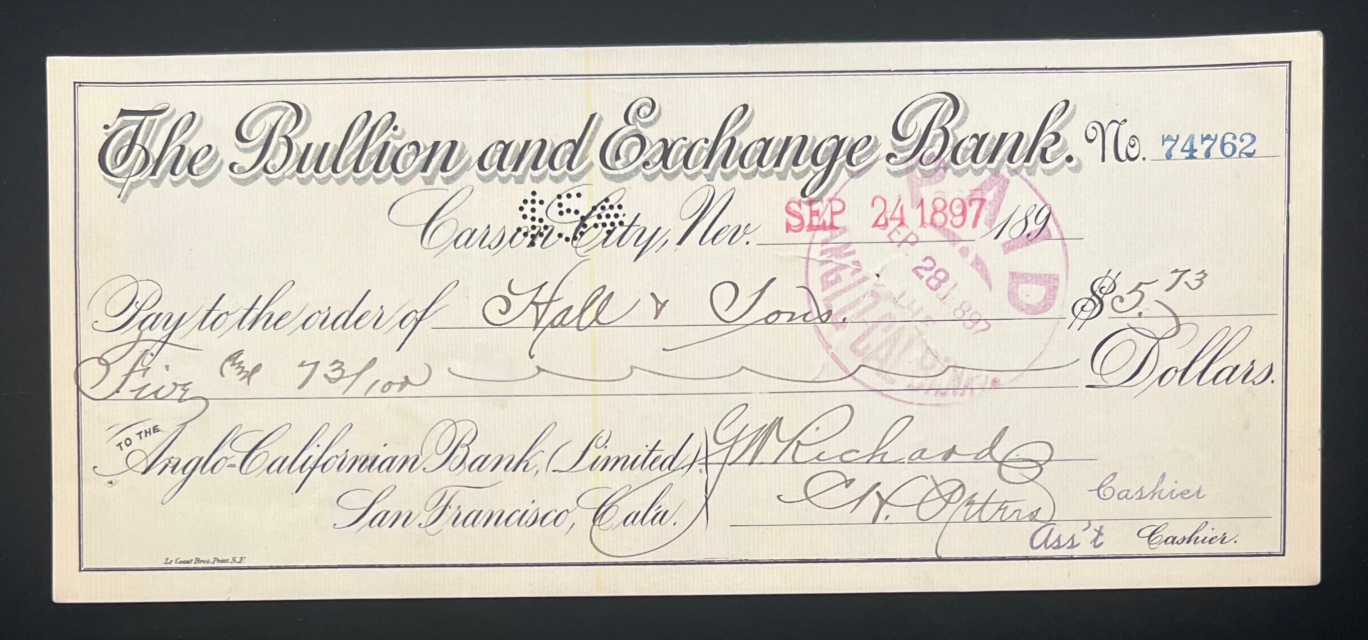 Set of 4 Carson City Nevada Cashiers Checks Dated 1897