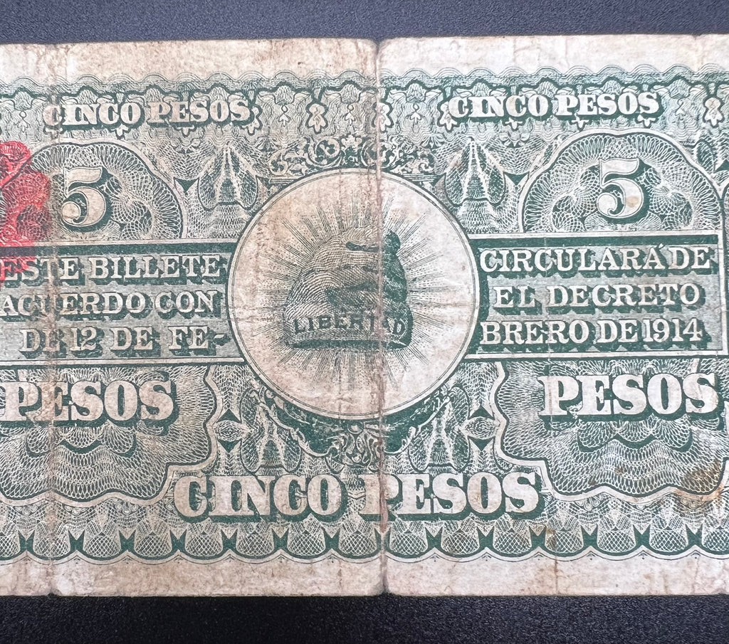 1914 Chihuahua Mexico 5 Pesos Banknote Revolutionary Era