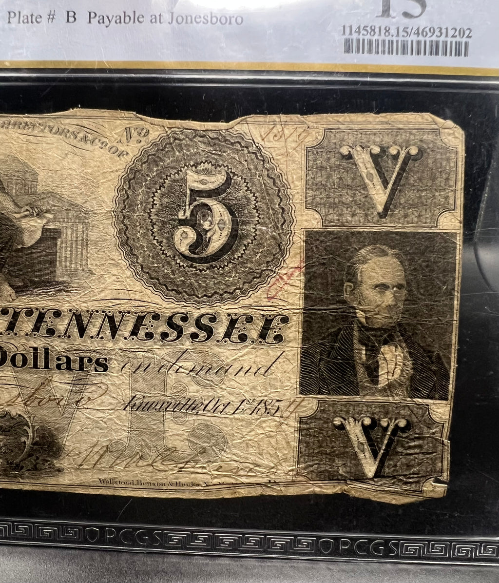 1854 $5 Bank of East Tennessee, Knoxville Obsolete Note PCGS Choice Fine 15