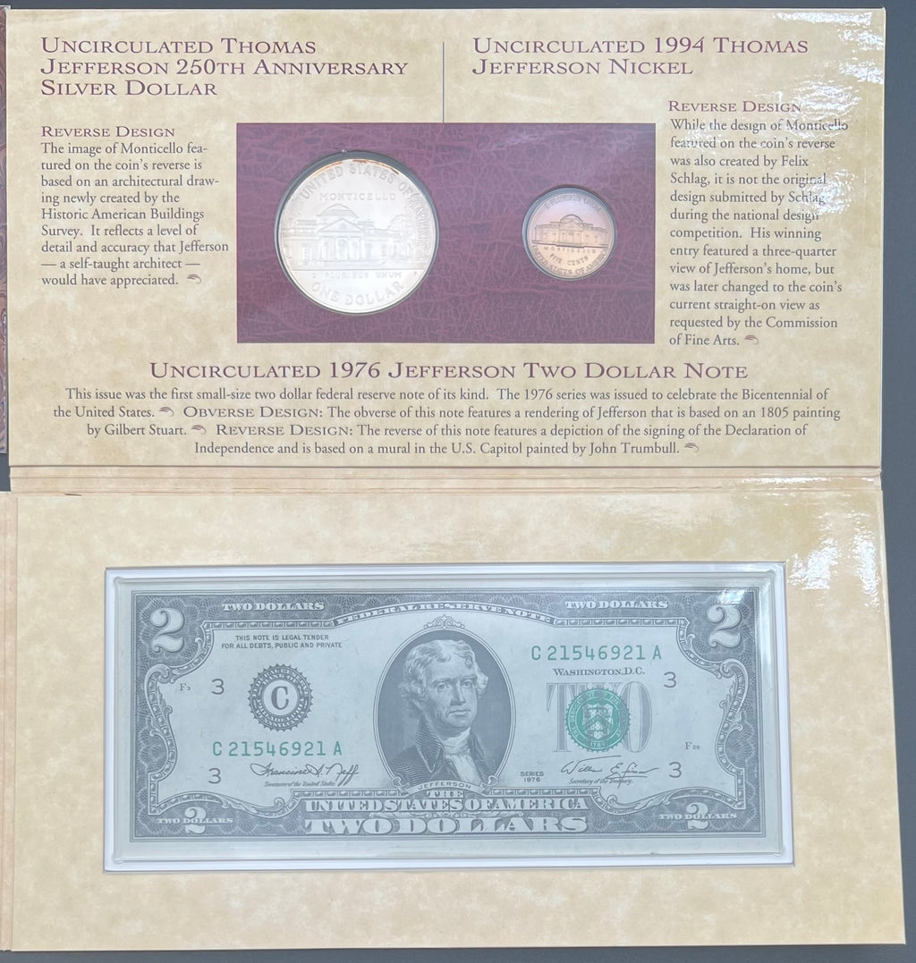 The Thomas Jefferson Coinage And Currency Set 90% Silver Dollar - Beautiful Toner Nickel