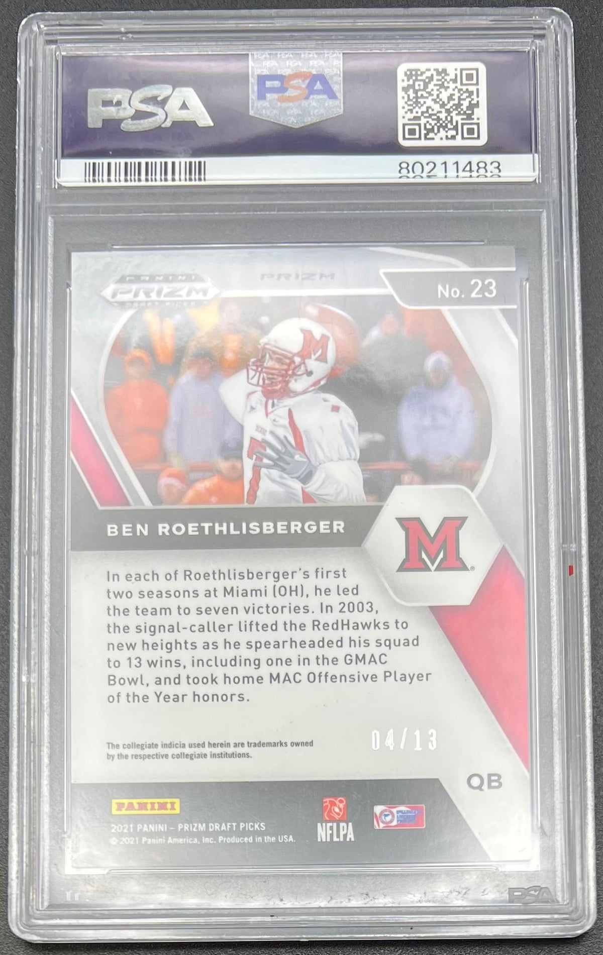 2021 Prizm Draft Picks Ben Roethlisberger #23 Blue Shimmer PSA10 Numbered 04/13