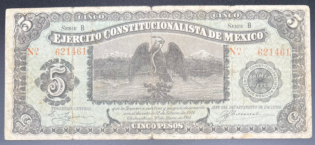 1914 Chihuahua Mexico 5 Pesos Banknote Revolutionary Era