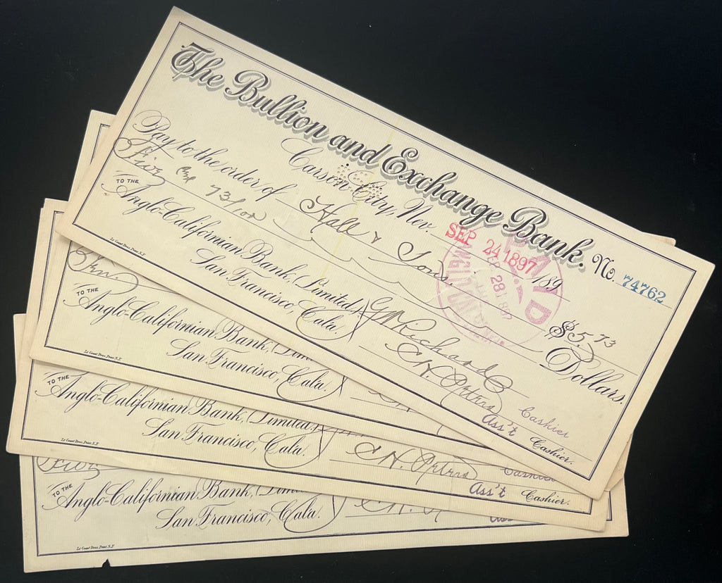 Set of 4 Carson City Nevada Cashiers Checks Dated 1897
