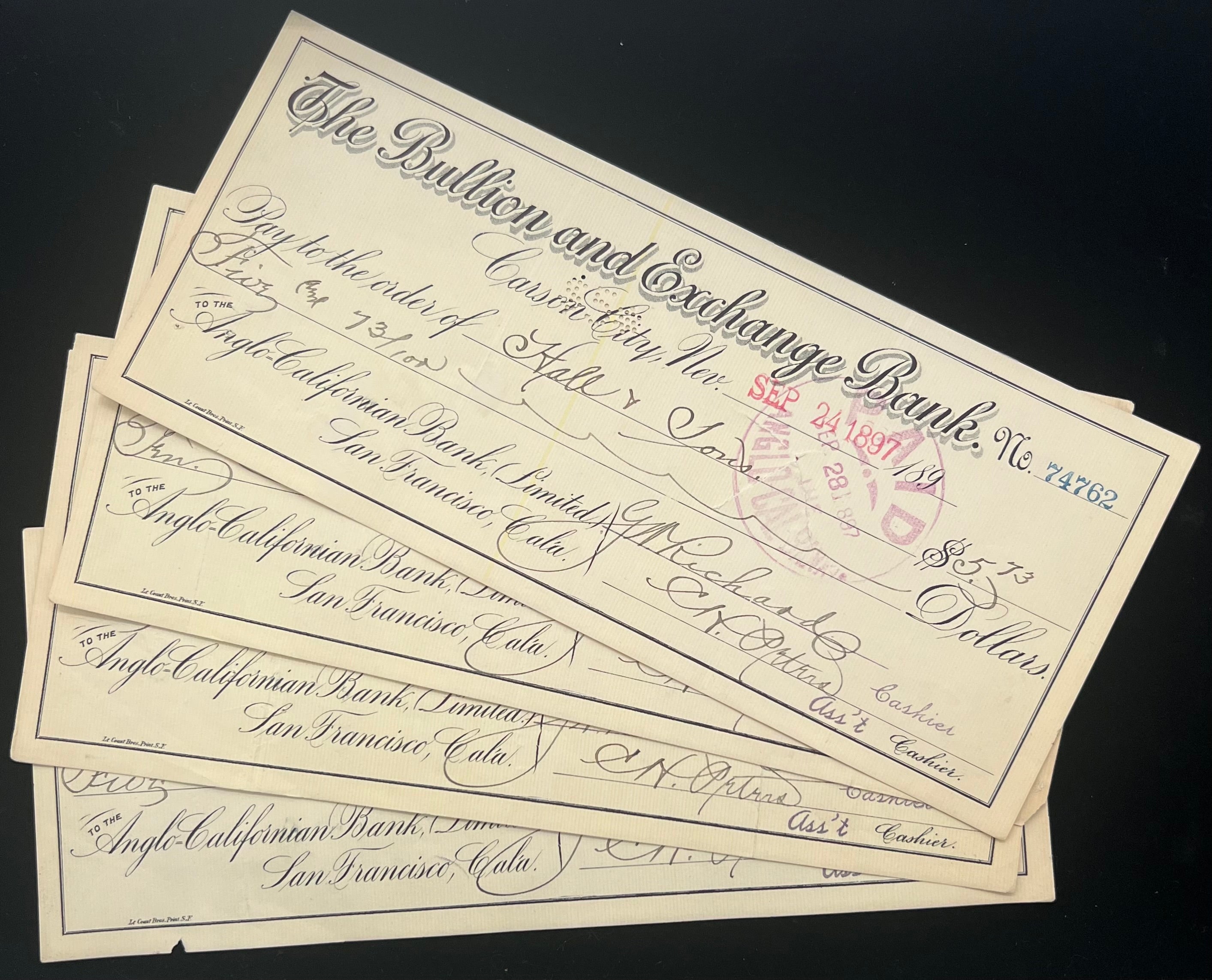Set of 4 Carson City Nevada Cashiers Checks Dated 1897