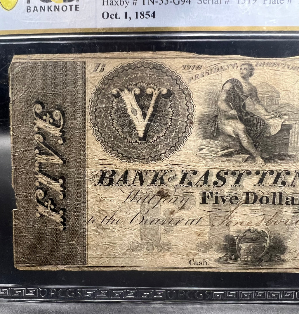 1854 $5 Bank of East Tennessee, Knoxville Obsolete Note PCGS Choice Fine 15