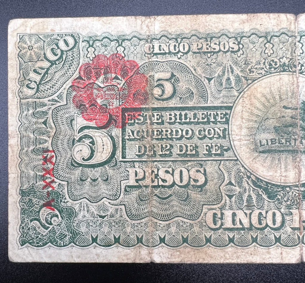 1914 Chihuahua Mexico 5 Pesos Banknote Revolutionary Era