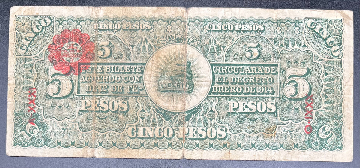 1914 Chihuahua Mexico 5 Pesos Banknote Revolutionary Era