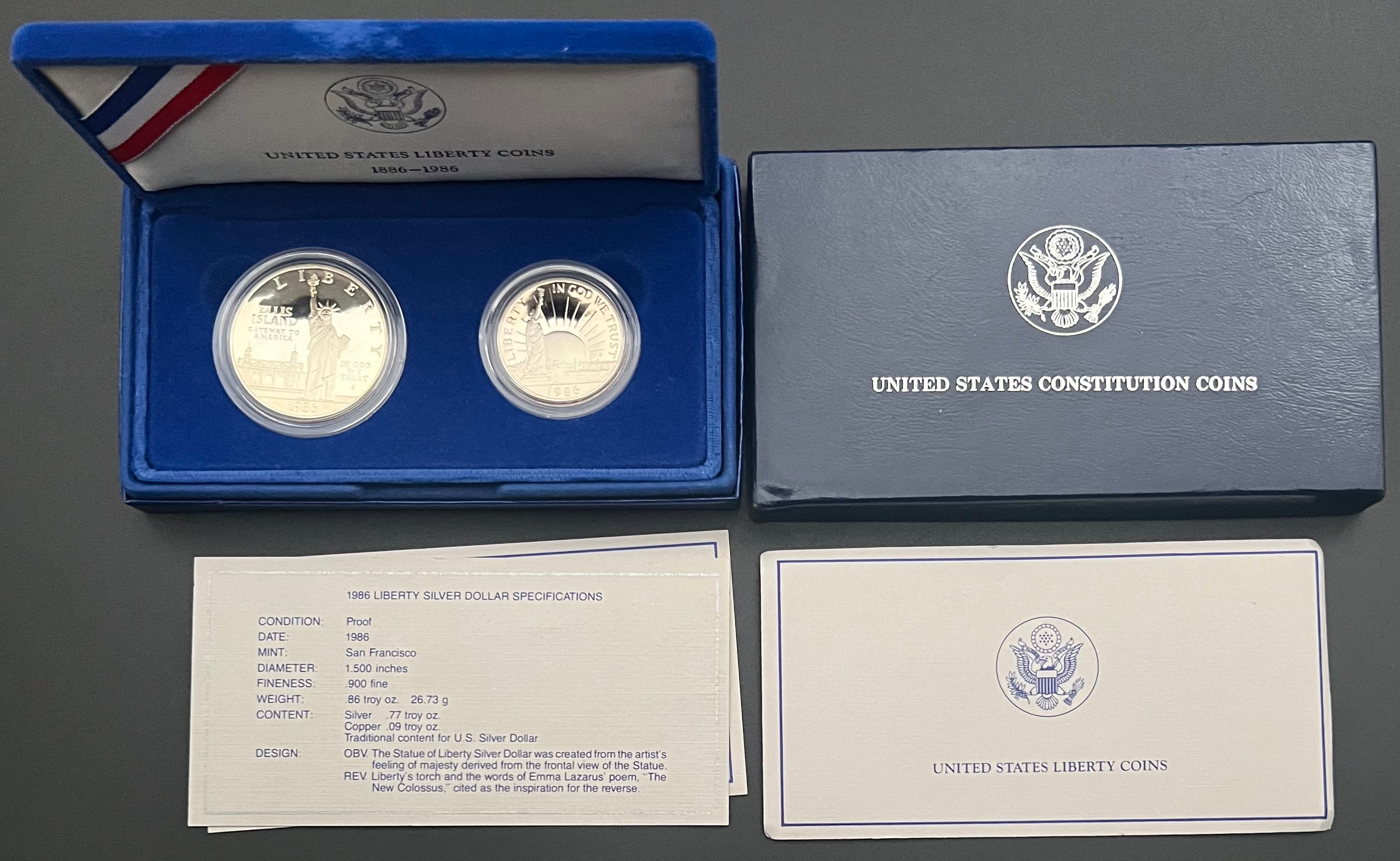 1986-S Statue Of Liberty Proof 2 Coin Set 90% Silver Dollar