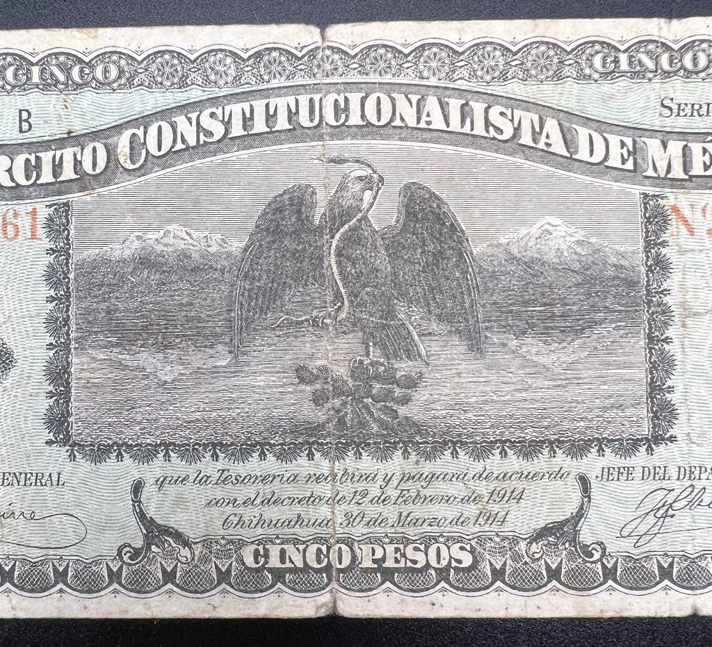 1914 Chihuahua Mexico 5 Pesos Banknote Revolutionary Era