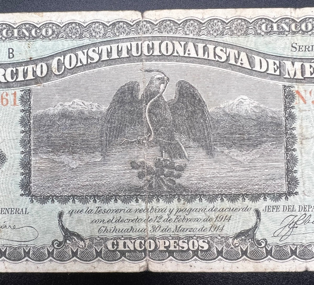 1914 Chihuahua Mexico 5 Pesos Banknote Revolutionary Era