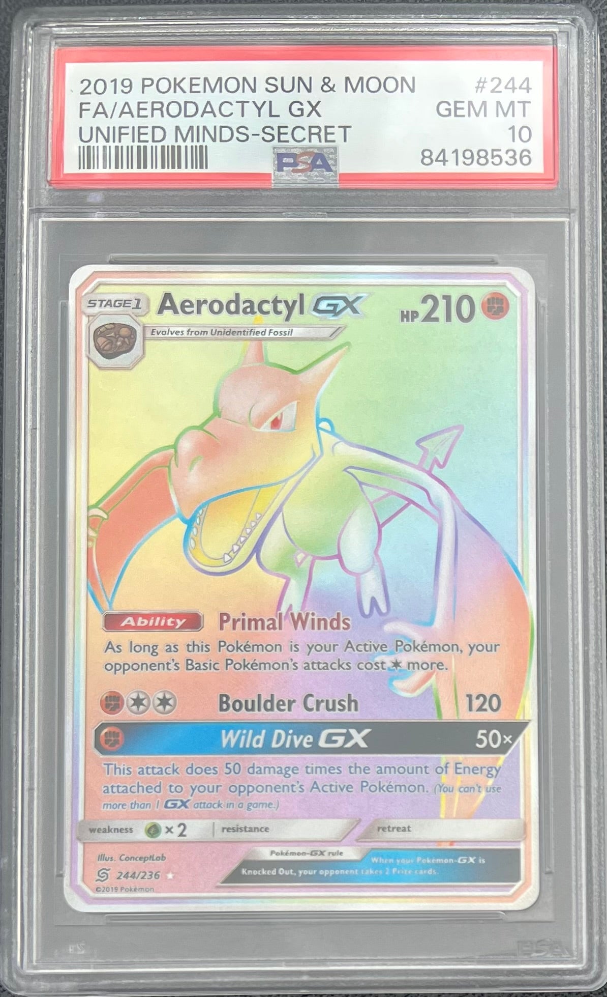 2019 Pokemon Sun & Moon Unified Minds 244 Full Art Aerodactyl GX Secret PSA 10