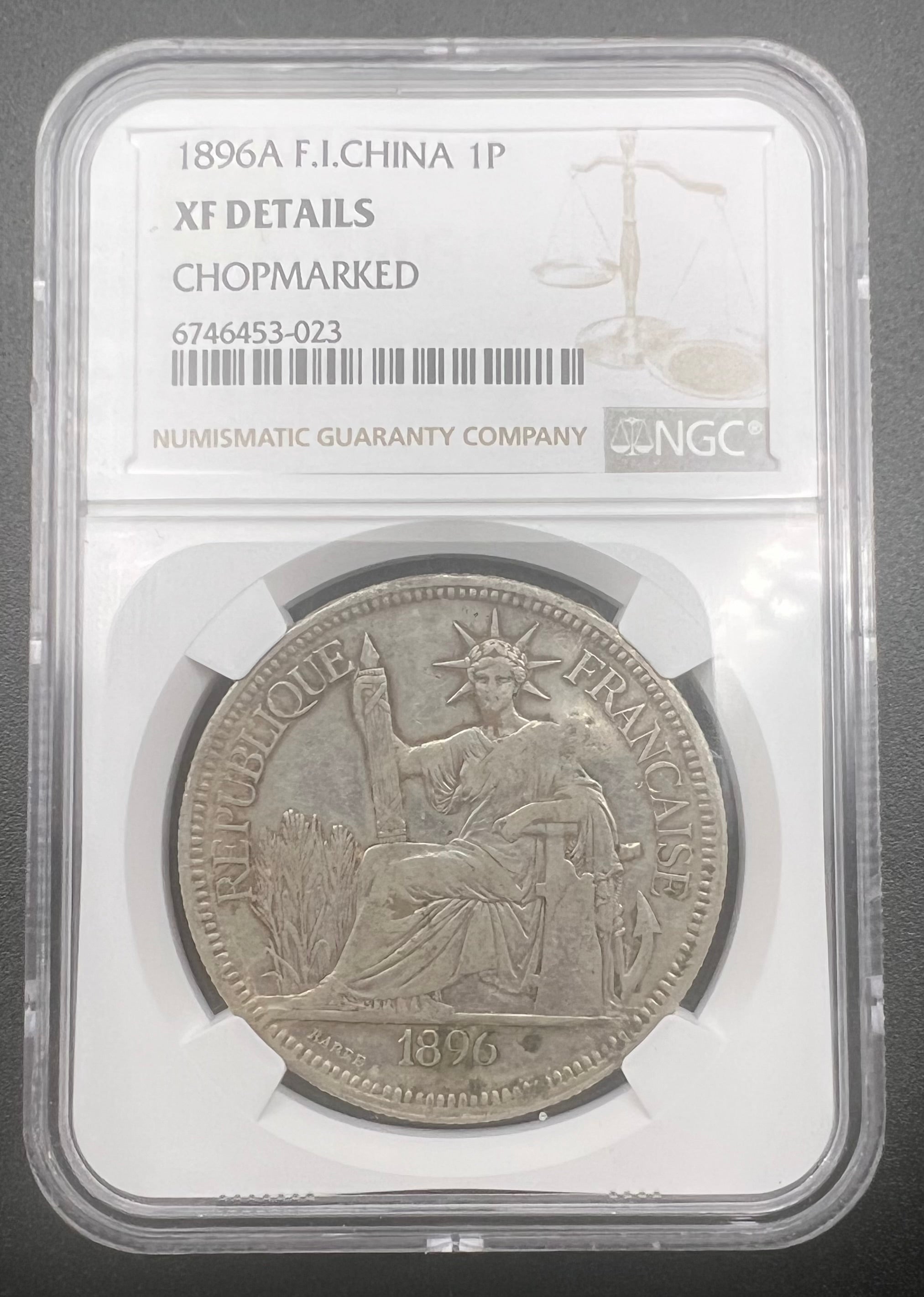 1896-A French Indo China 1 Piastre Chopmarked NGC XF Details