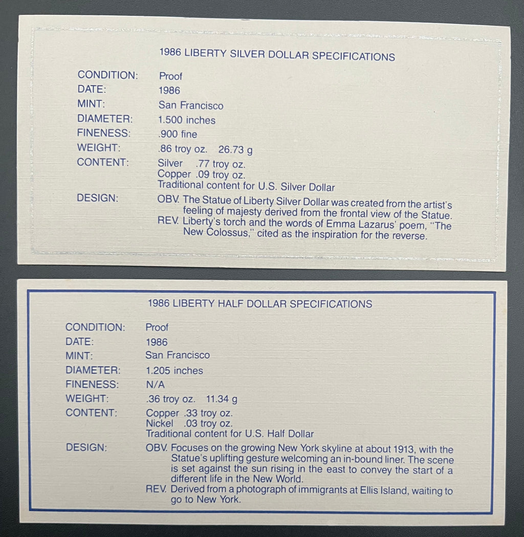 1986-S Statue Of Liberty Proof 2 Coin Set 90% Silver Dollar