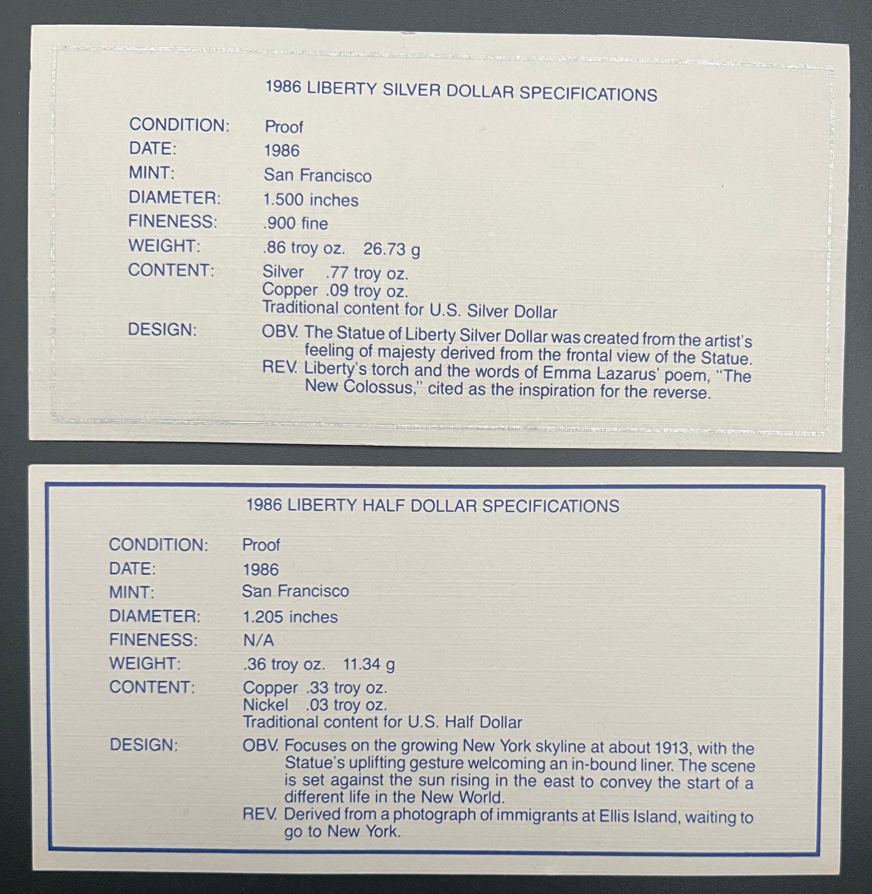 1986-S Statue Of Liberty Proof 2 Coin Set 90% Silver Dollar