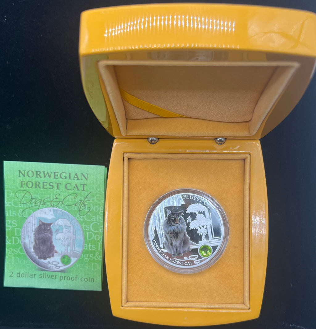 2014 Fiji Norwegian Forest Cat 1oz Proof .999 Silver With Gemstone