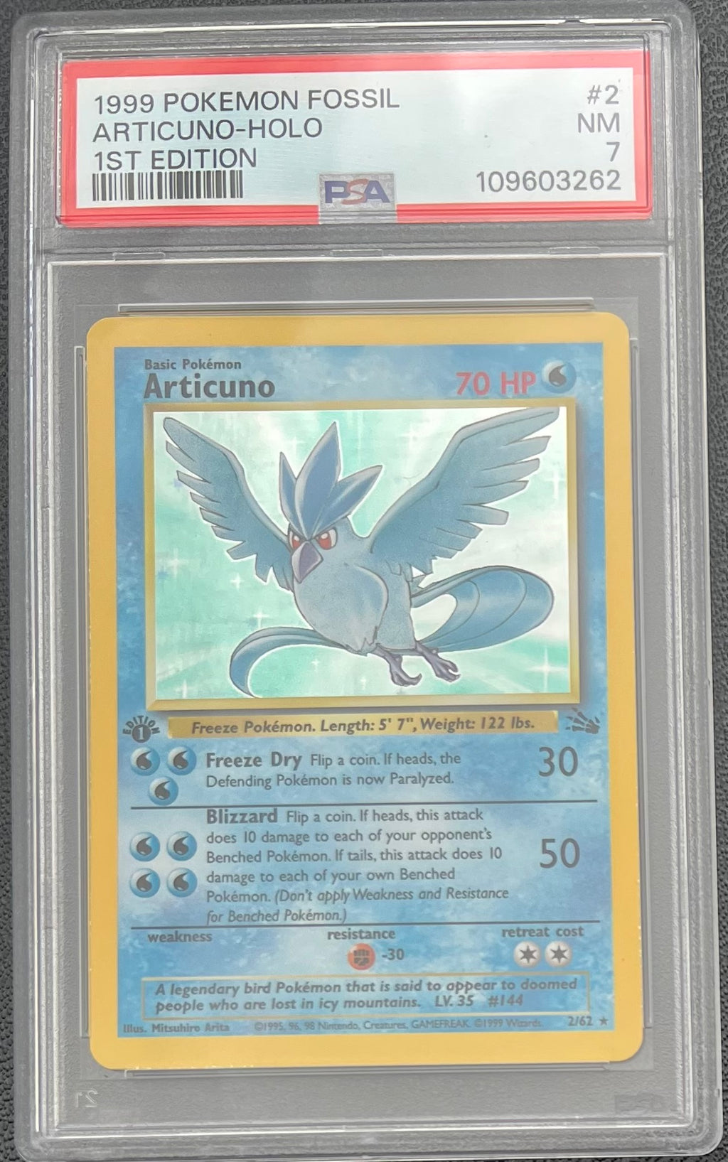 1999 POKEMON FOSSIL #2 ARTICUNO-HOLO 1ST EDITION PSA 7