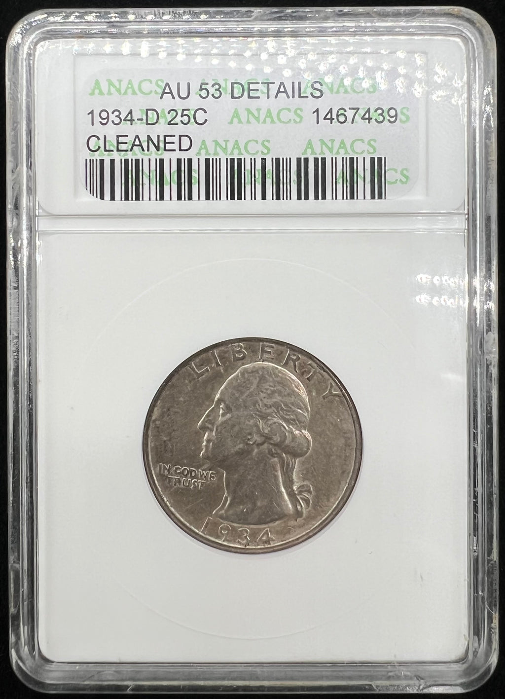 1934-D AU53 Details Washington Quarter ANACS Soapbox