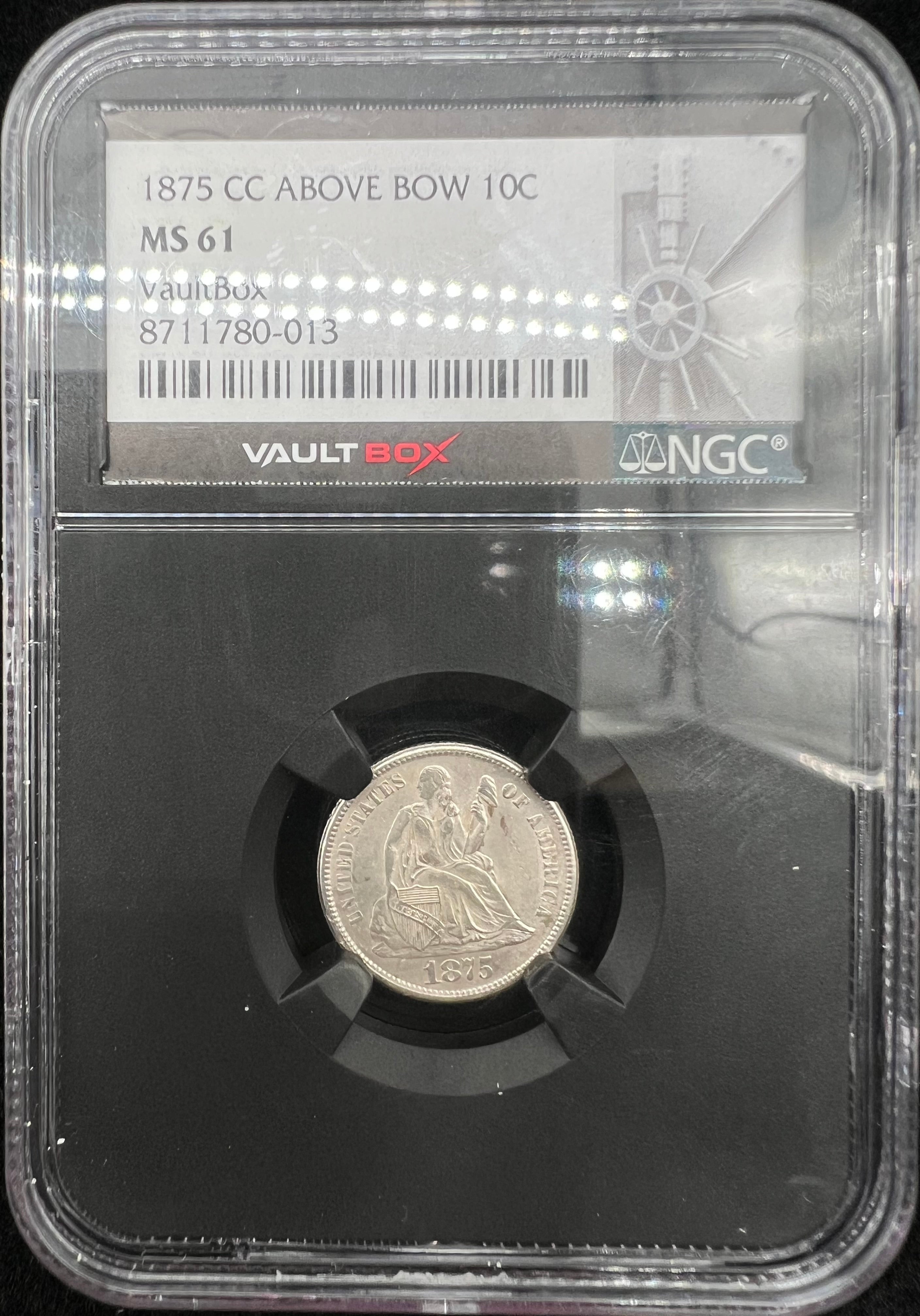 1875-CC MS61 Seated Liberty Dime Mintmark Above Bow NGC Black Core