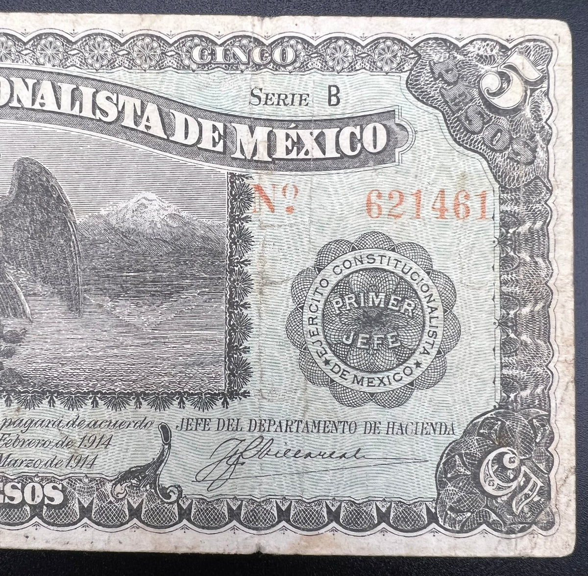 1914 Chihuahua Mexico 5 Pesos Banknote Revolutionary Era