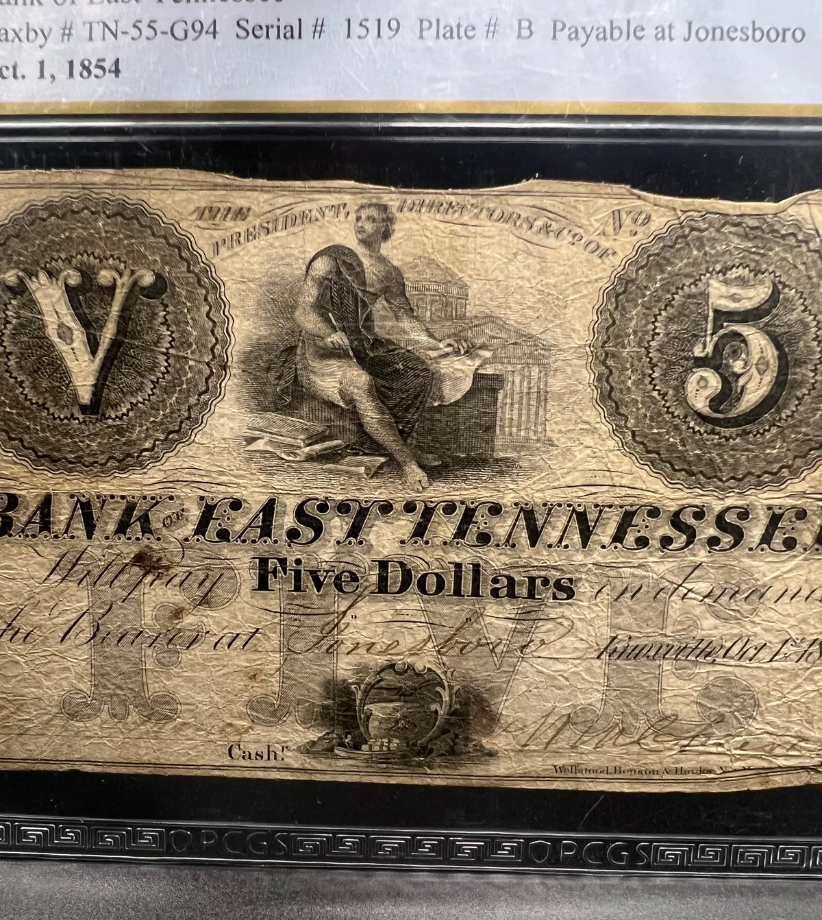 1854 $5 Bank of East Tennessee, Knoxville Obsolete Note PCGS Choice Fine 15