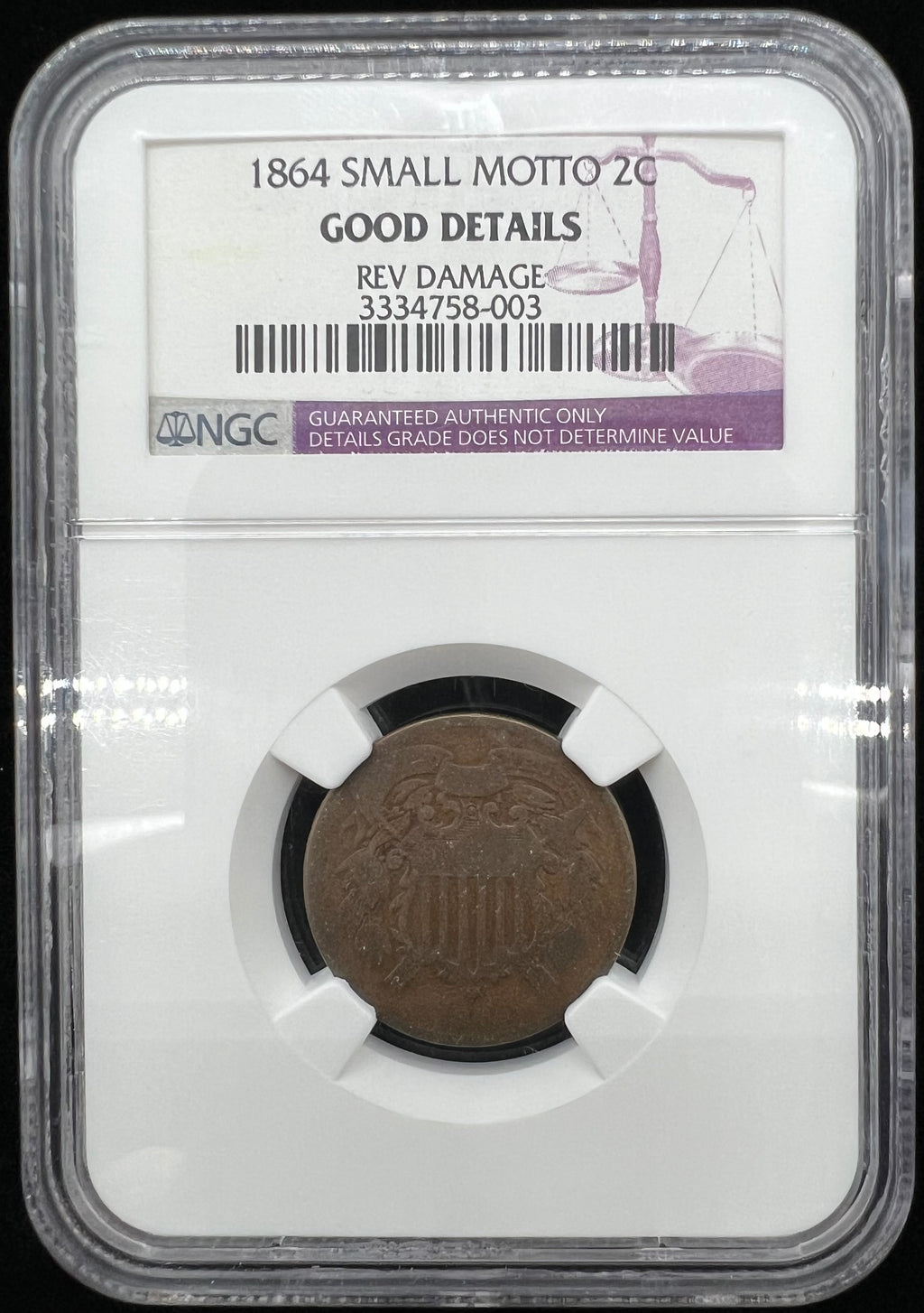 1864 2 Cents Small Motto NGC Good Details - Rev Damage