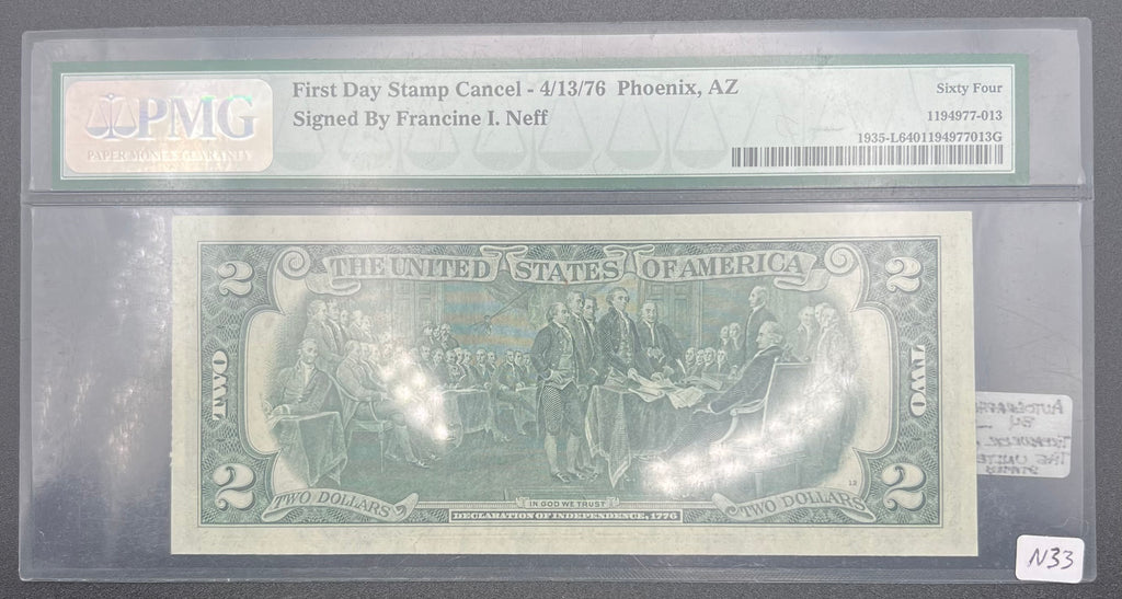 $2 Federal Reserve Note Francine Neff Courtesy Autographed 1st Day Issue Stamp PMG64