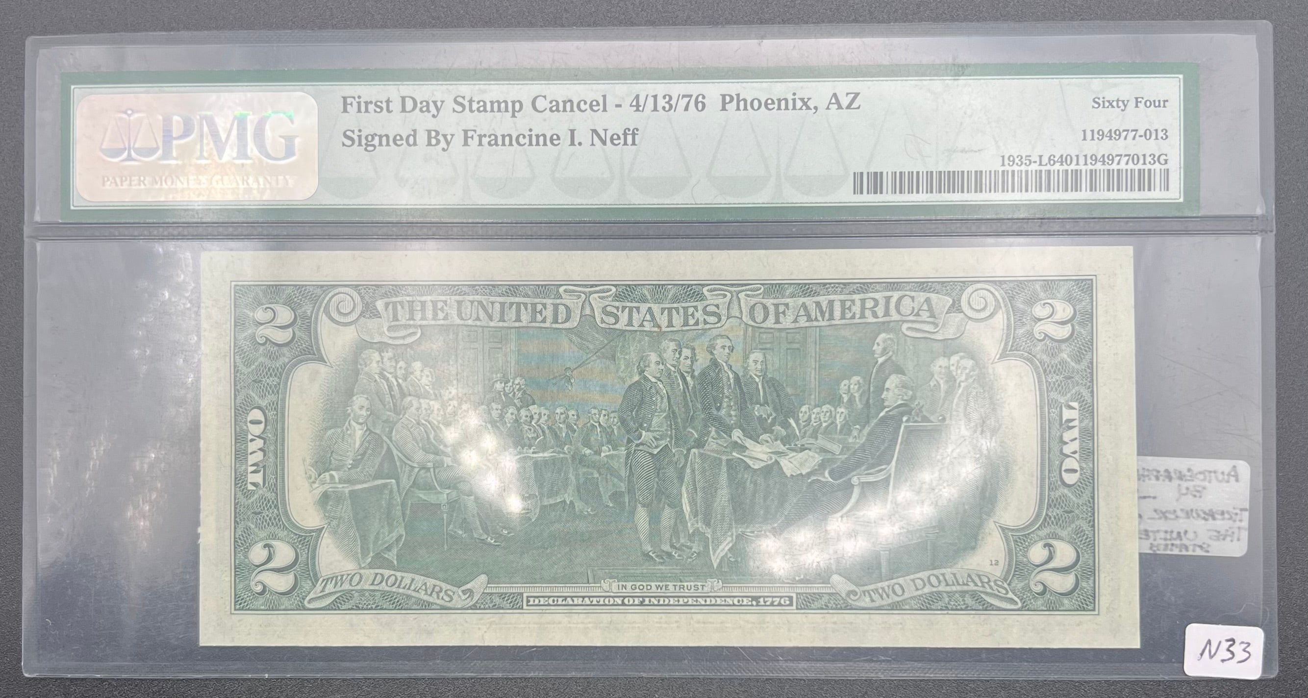 $2 Federal Reserve Note Francine Neff Courtesy Autographed 1st Day Issue Stamp PMG64