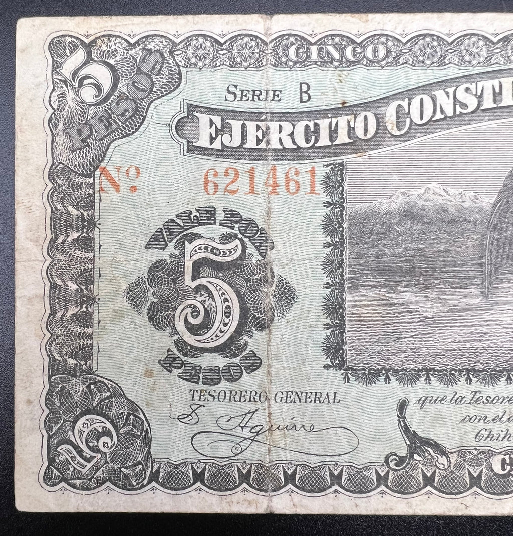 1914 Chihuahua Mexico 5 Pesos Banknote Revolutionary Era