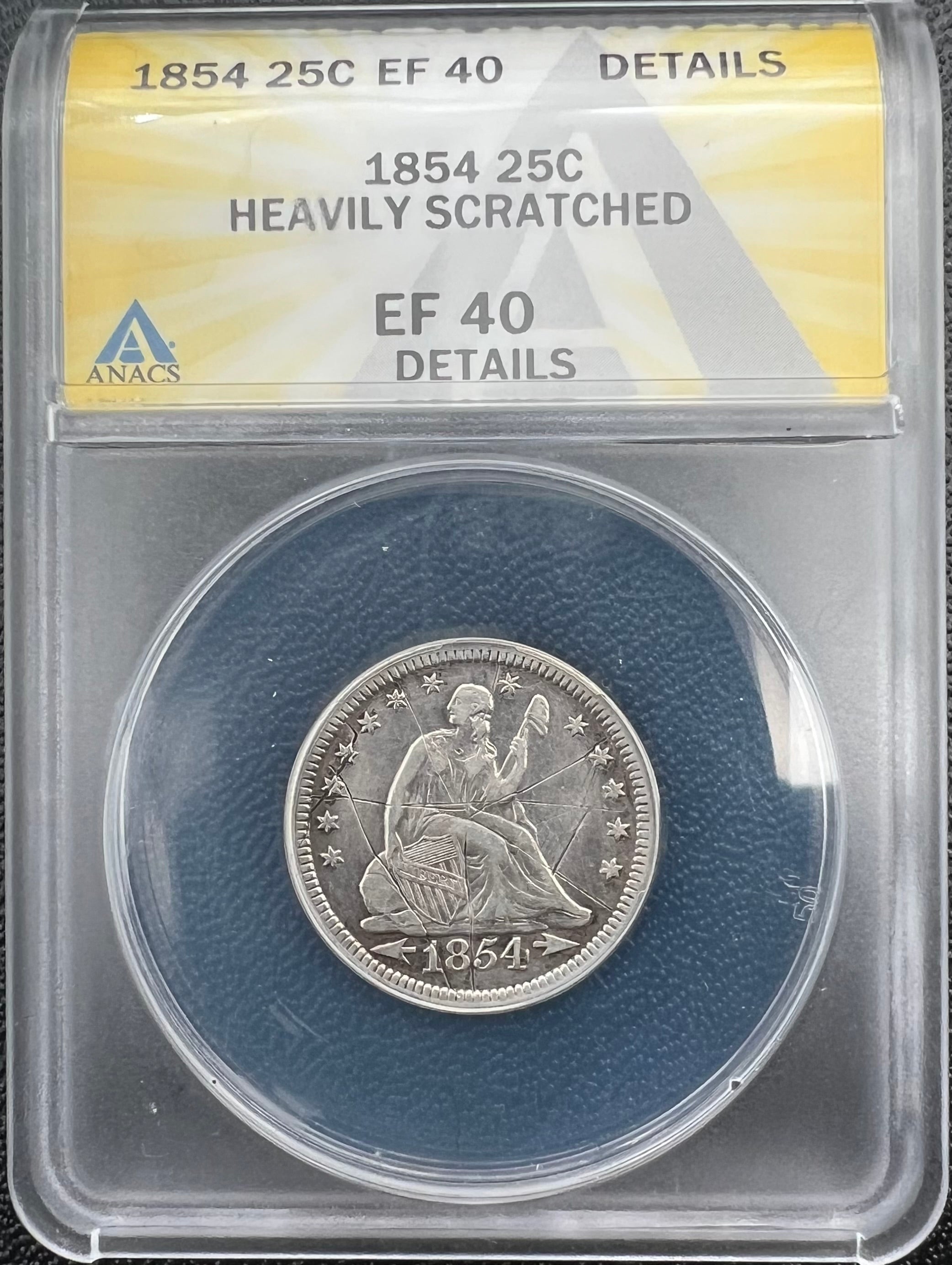 1854 XF40 Details Seated Liberty Quarter ANACS