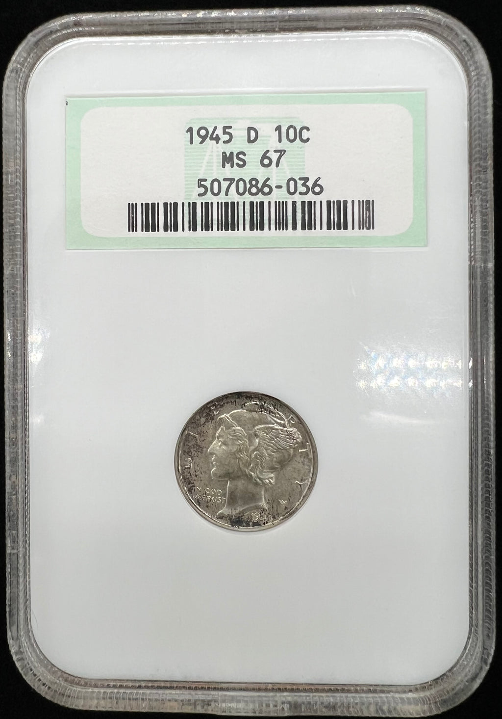 1945-D MS67 NGC Fatty Holder Colorful Mercury Dime