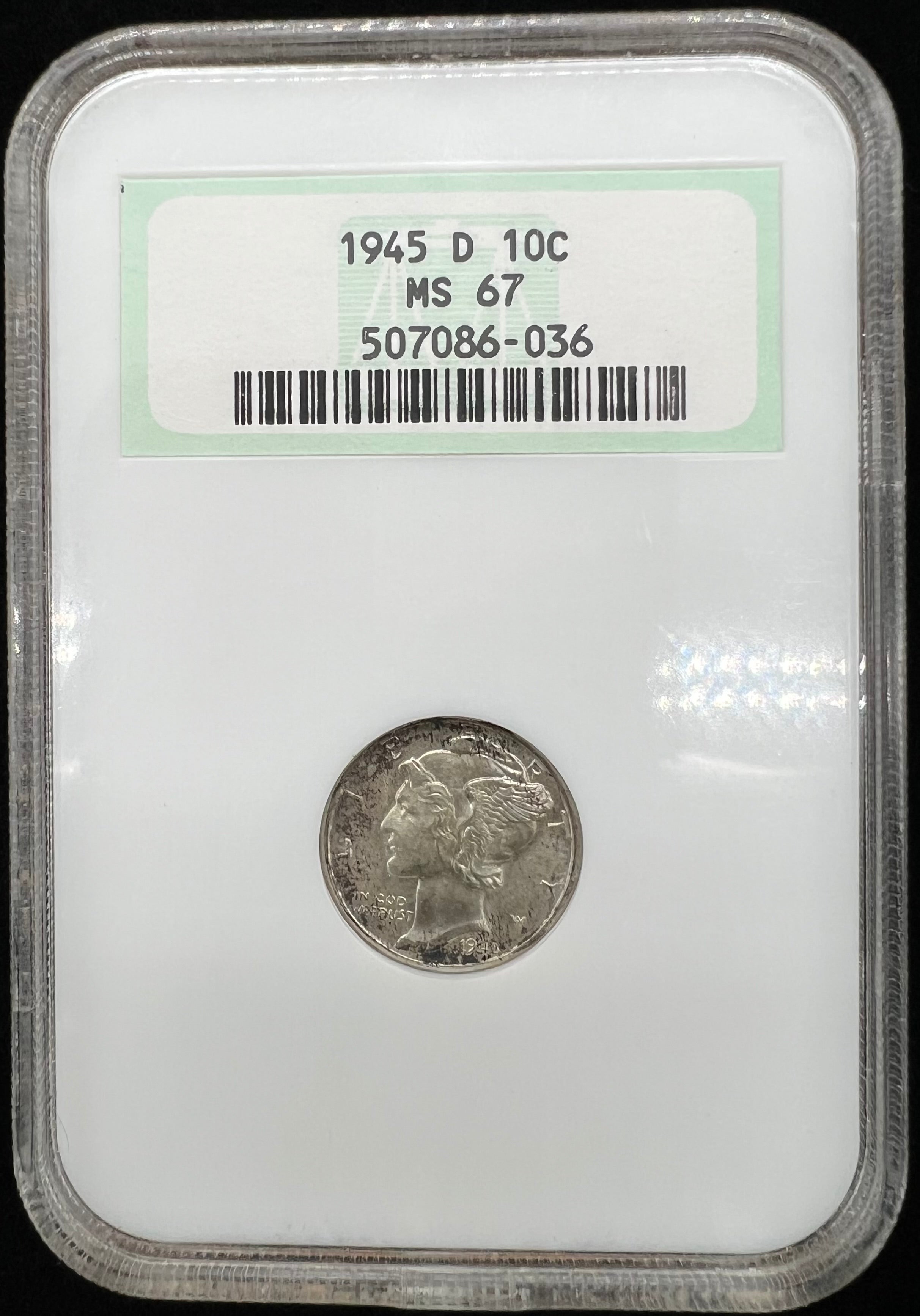 1945-D MS67 NGC Fatty Holder Colorful Mercury Dime