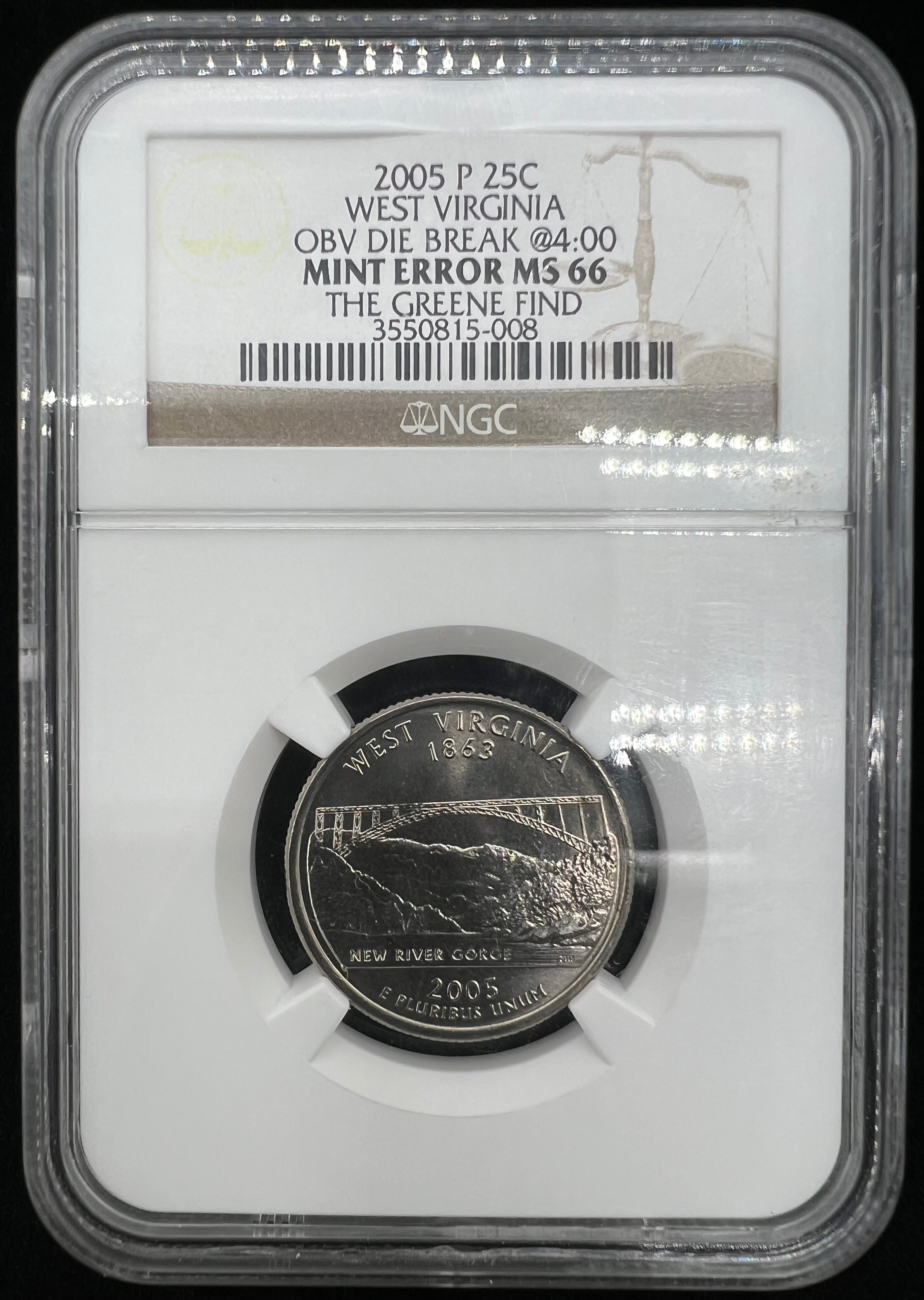 The Greene Find Mint Error MS66 2005 P West Virginia Quarter NGC