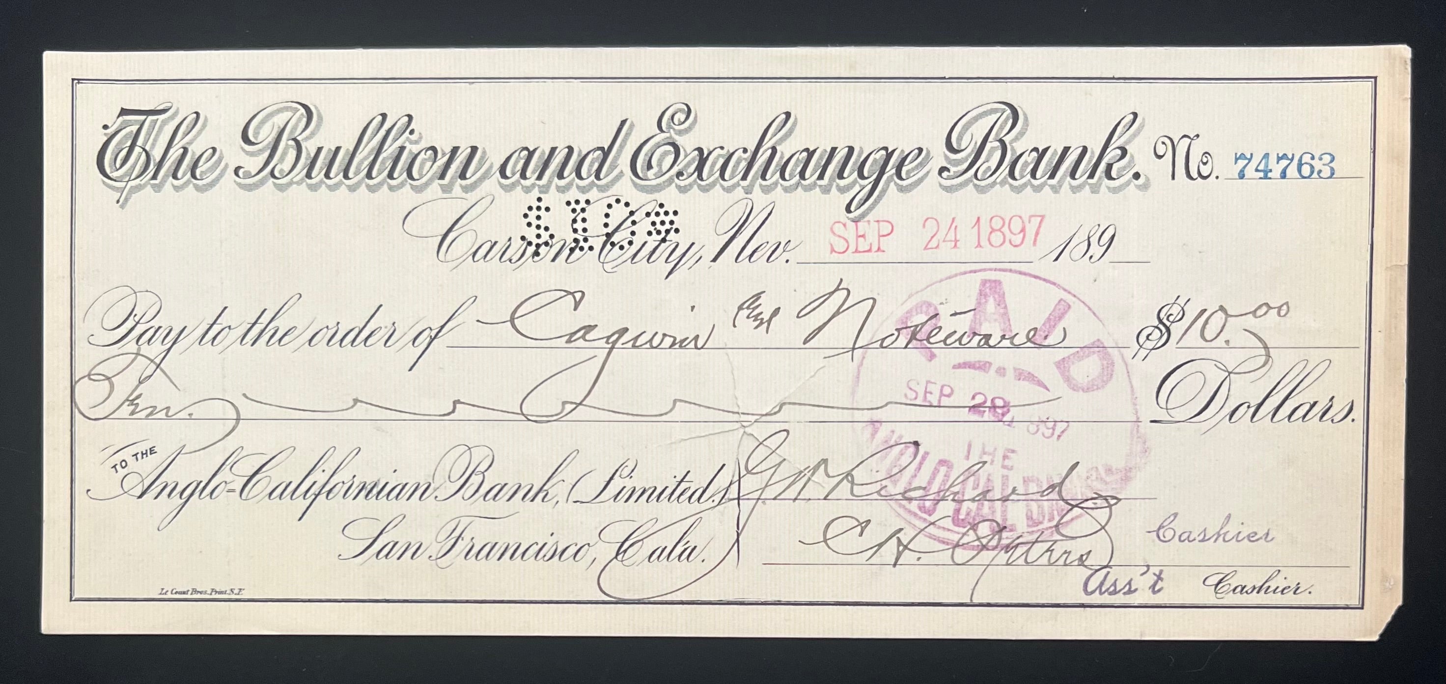 Set of 4 Carson City Nevada Cashiers Checks Dated 1897