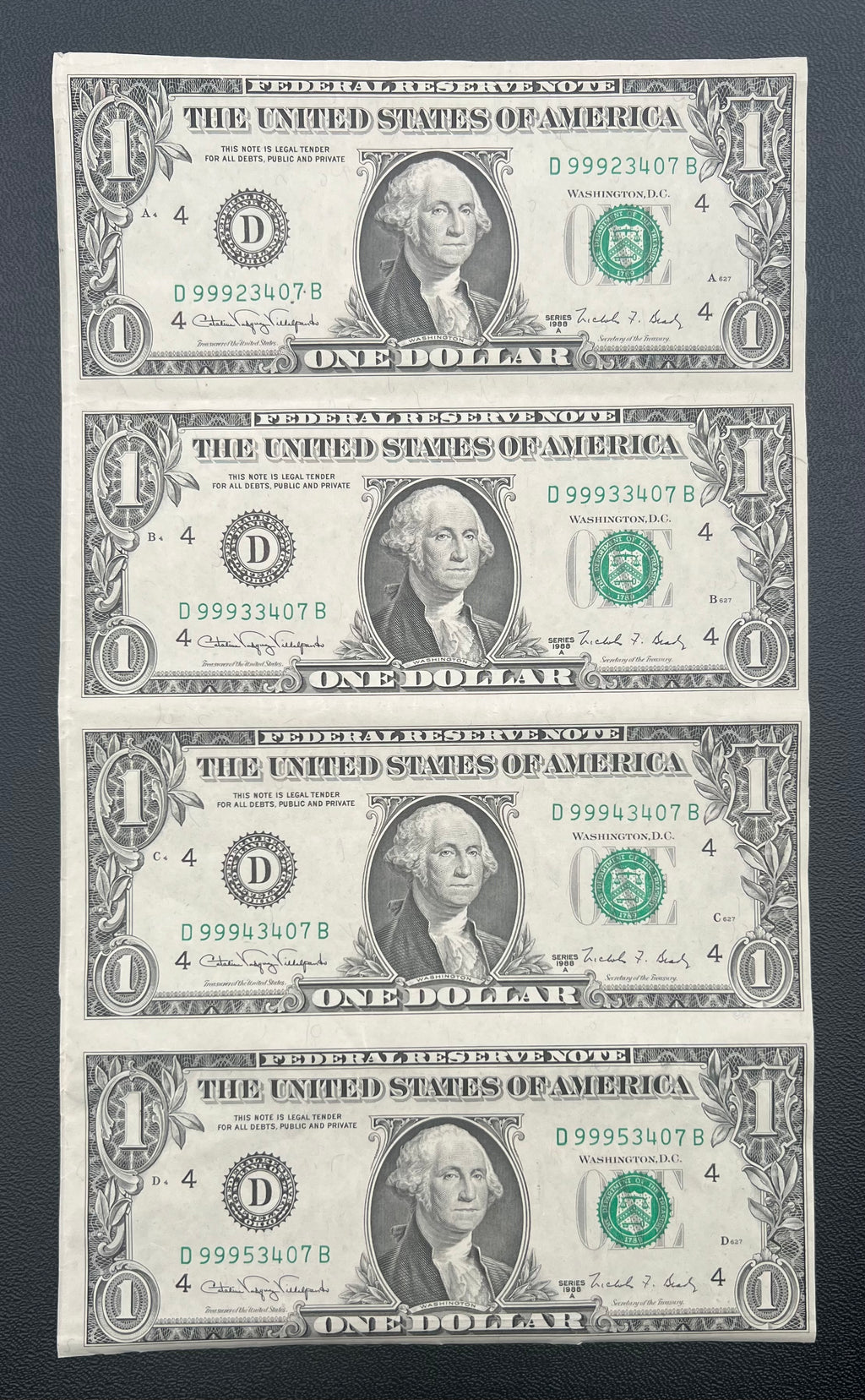 Uncut $1 Sheet Of 4 Series 1988A