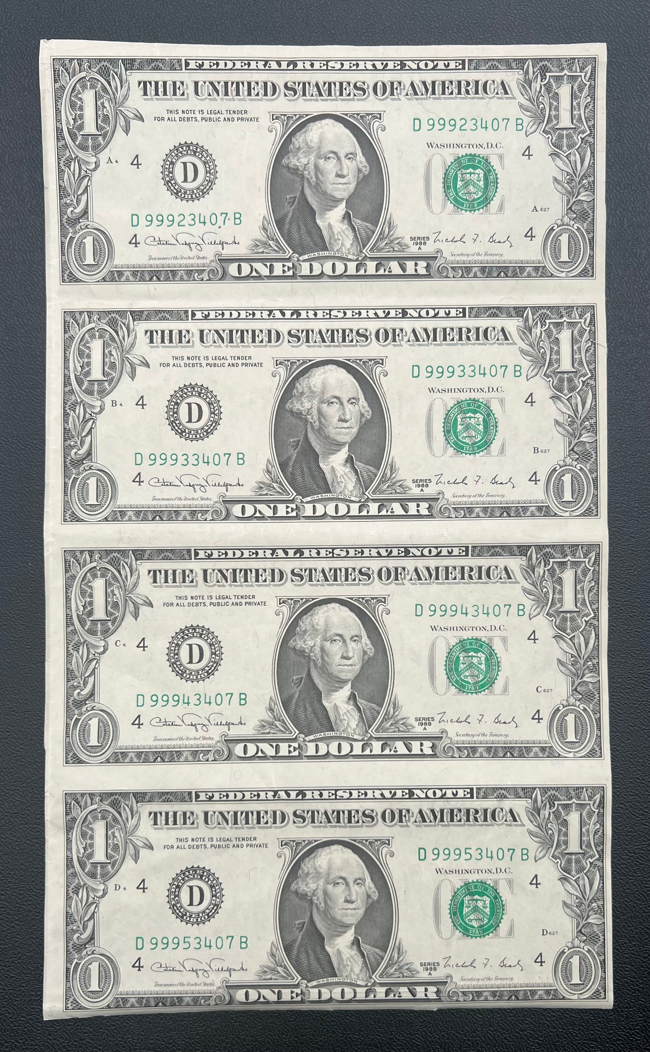 Uncut $1 Sheet Of 4 Series 1988A