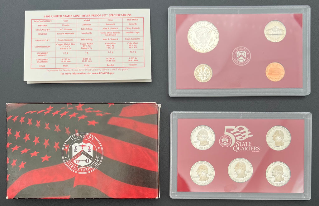90% Silver 1999 US Mint Silver Proof Set 9 Coin Set