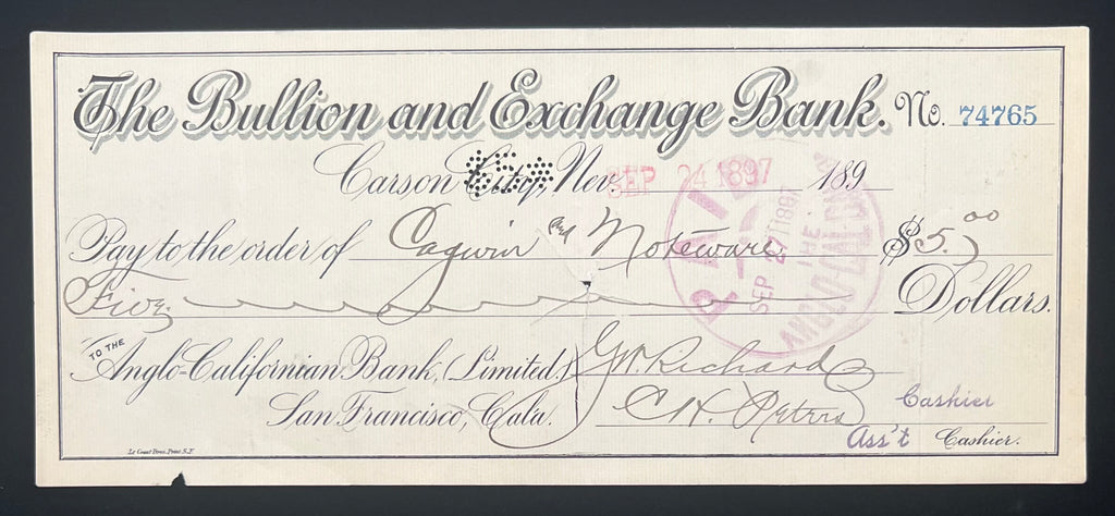 Set of 4 Carson City Nevada Cashiers Checks Dated 1897