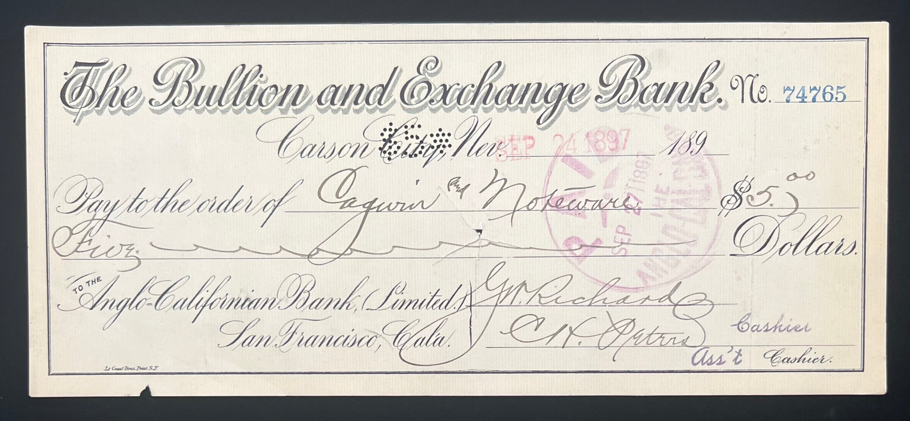 Set of 4 Carson City Nevada Cashiers Checks Dated 1897