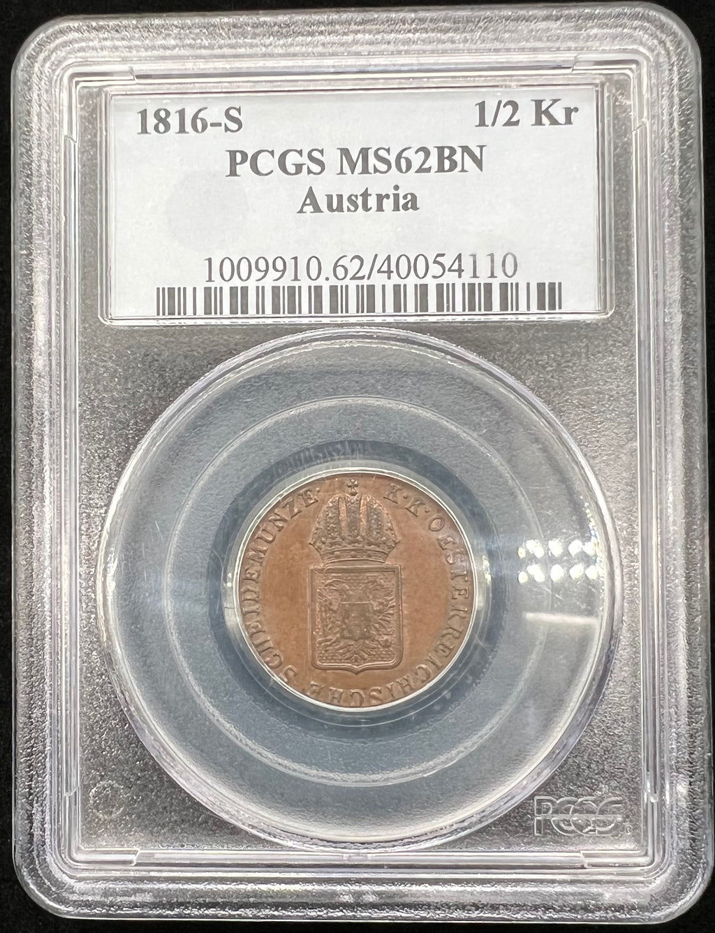 1816-S MS62 Austria 1/2 Kreuzer PCGS