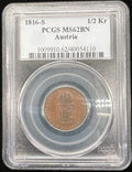 1816-S MS62 Austria 1/2 Kreuzer PCGS