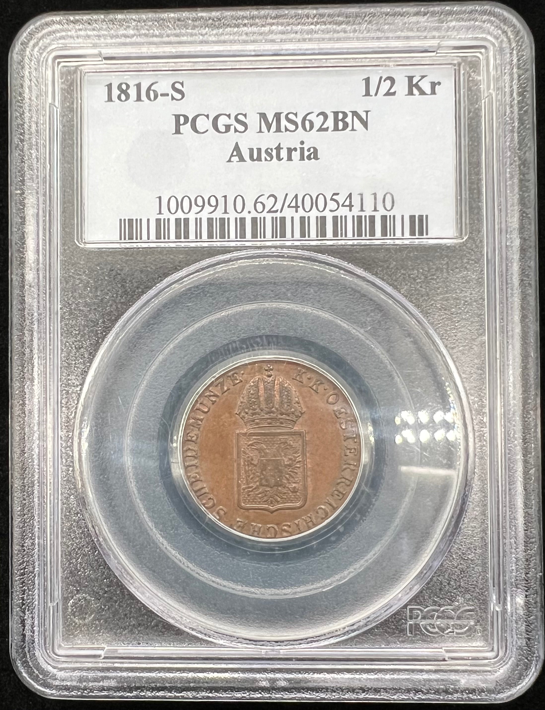1816-S MS62 Austria 1/2 Kreuzer PCGS